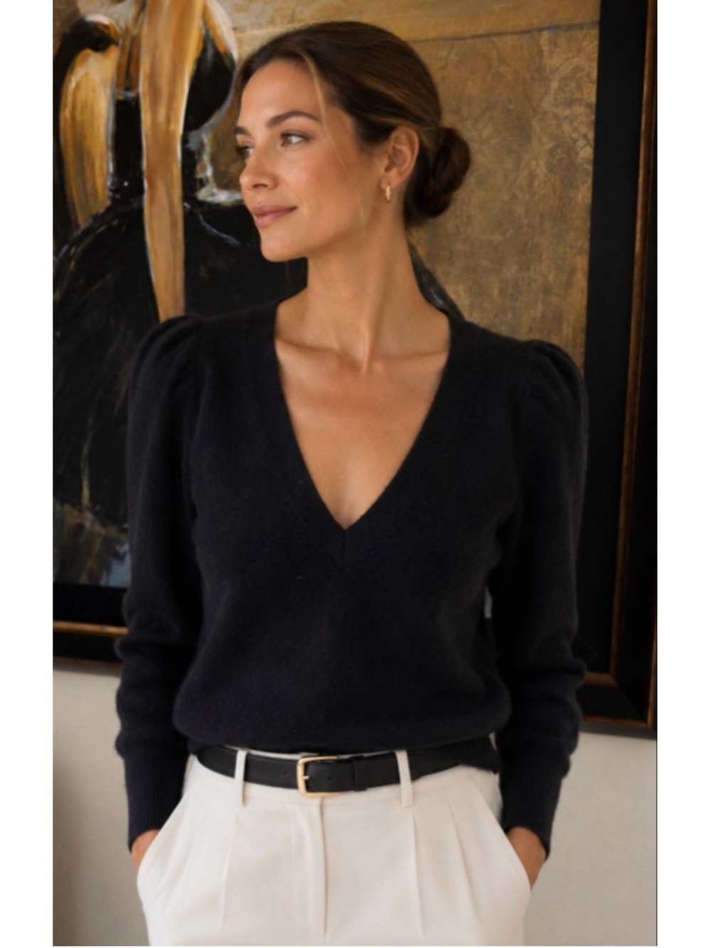 Women's Garnet Hill Black Puff Sleeve CadhmerecV-Neck Sweater S